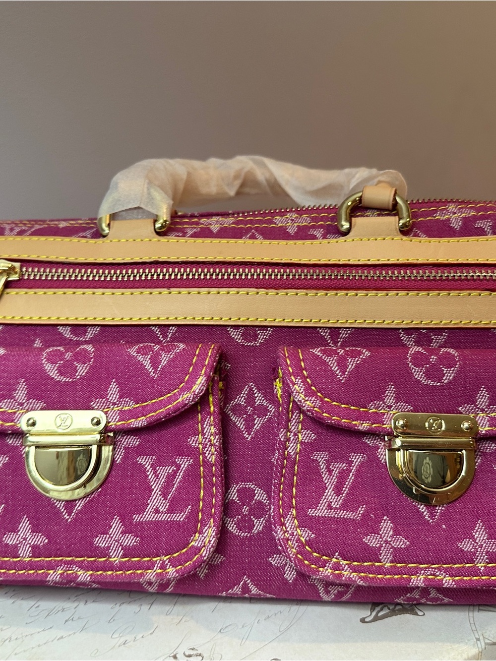 Source Unknown Pink and Tan Women's Satchel with Gold Hardware